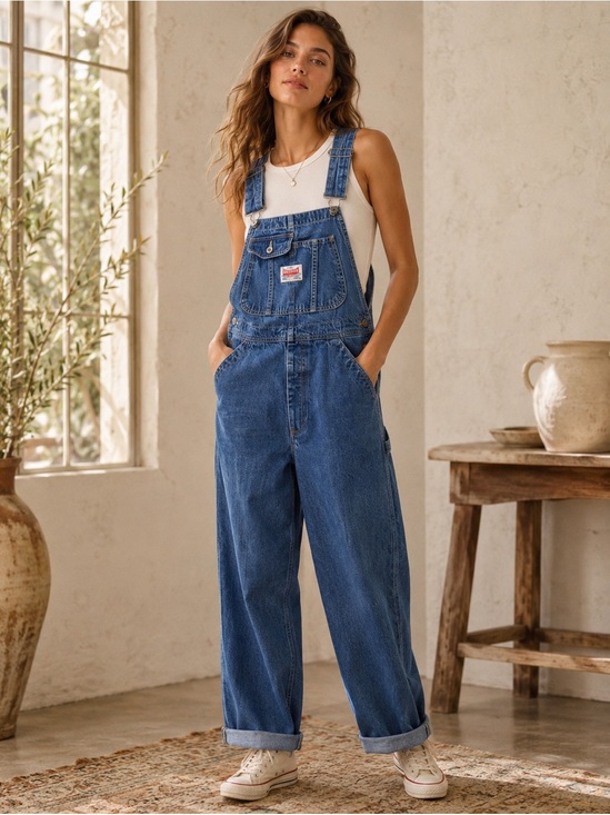 Ikeda Pants - IKEDA Blue Denim Overalls Adjustable Strap Tapered Leg Utility